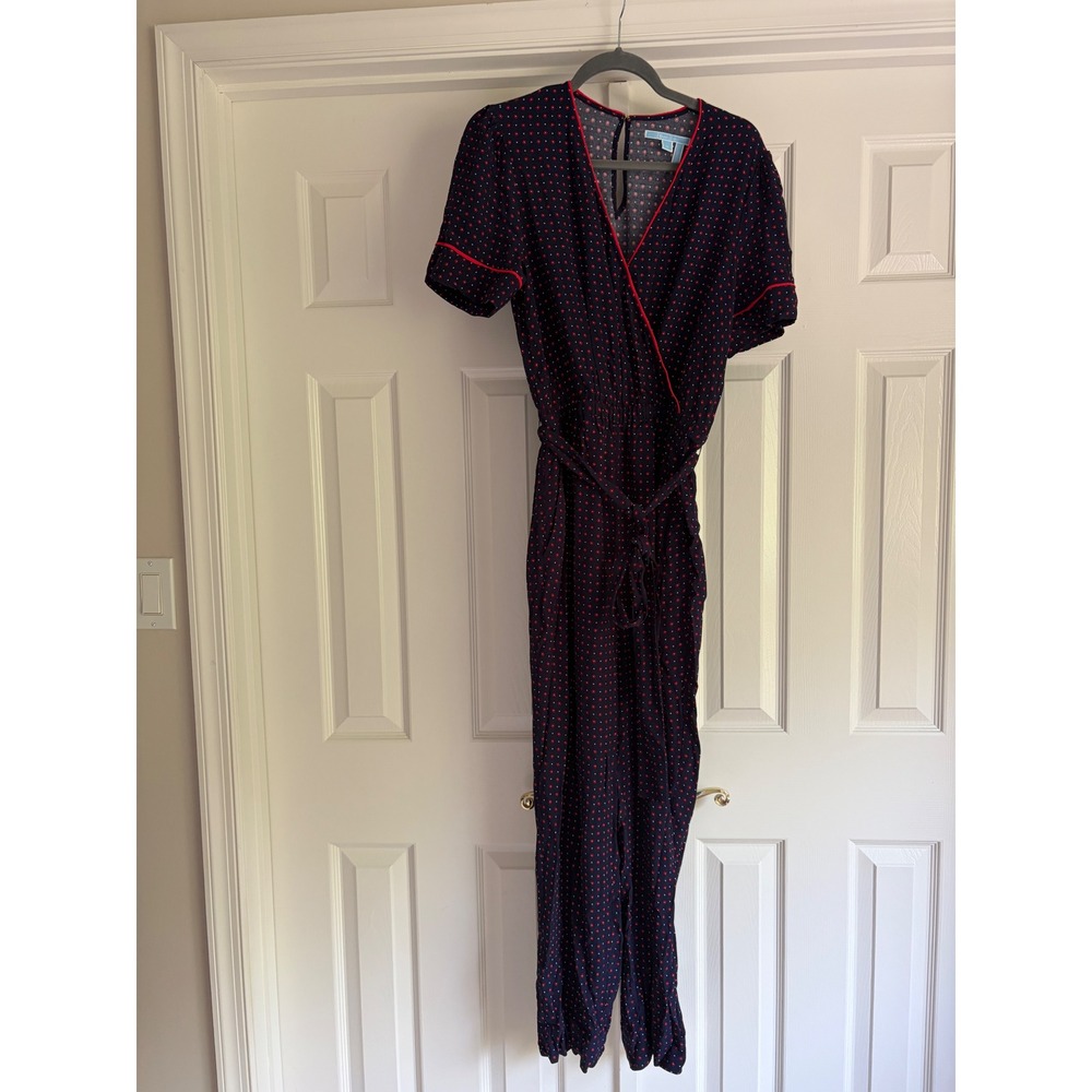 Draper James Navy Floral Polka Dot Wrap Jumpsuit Red Trim Size M